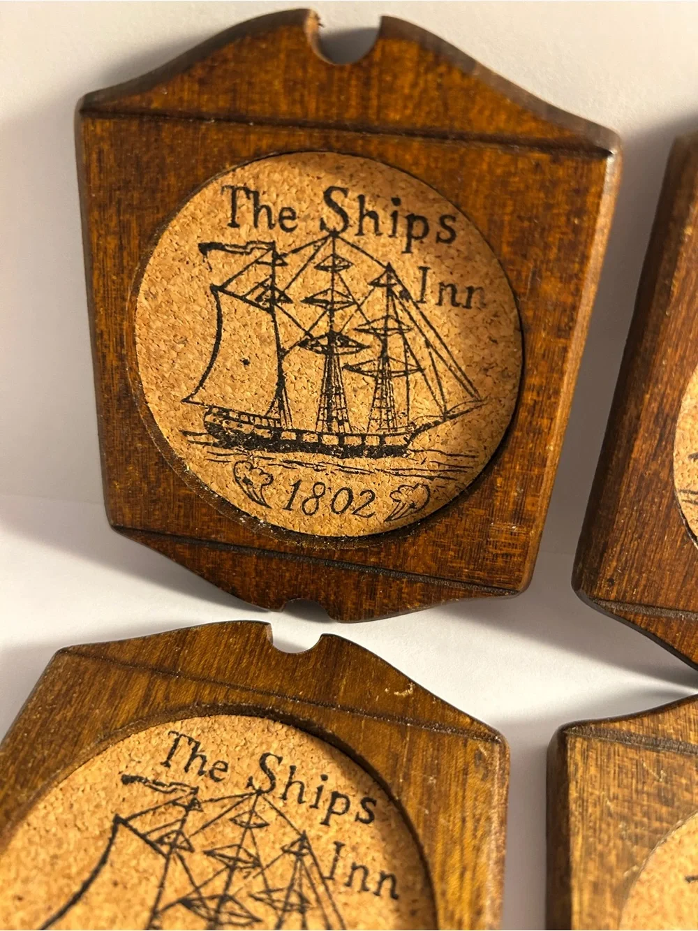 5 vintage coasters Woodcrest by Styson The Ships Inn 1802 Wood Pressed Cork SET